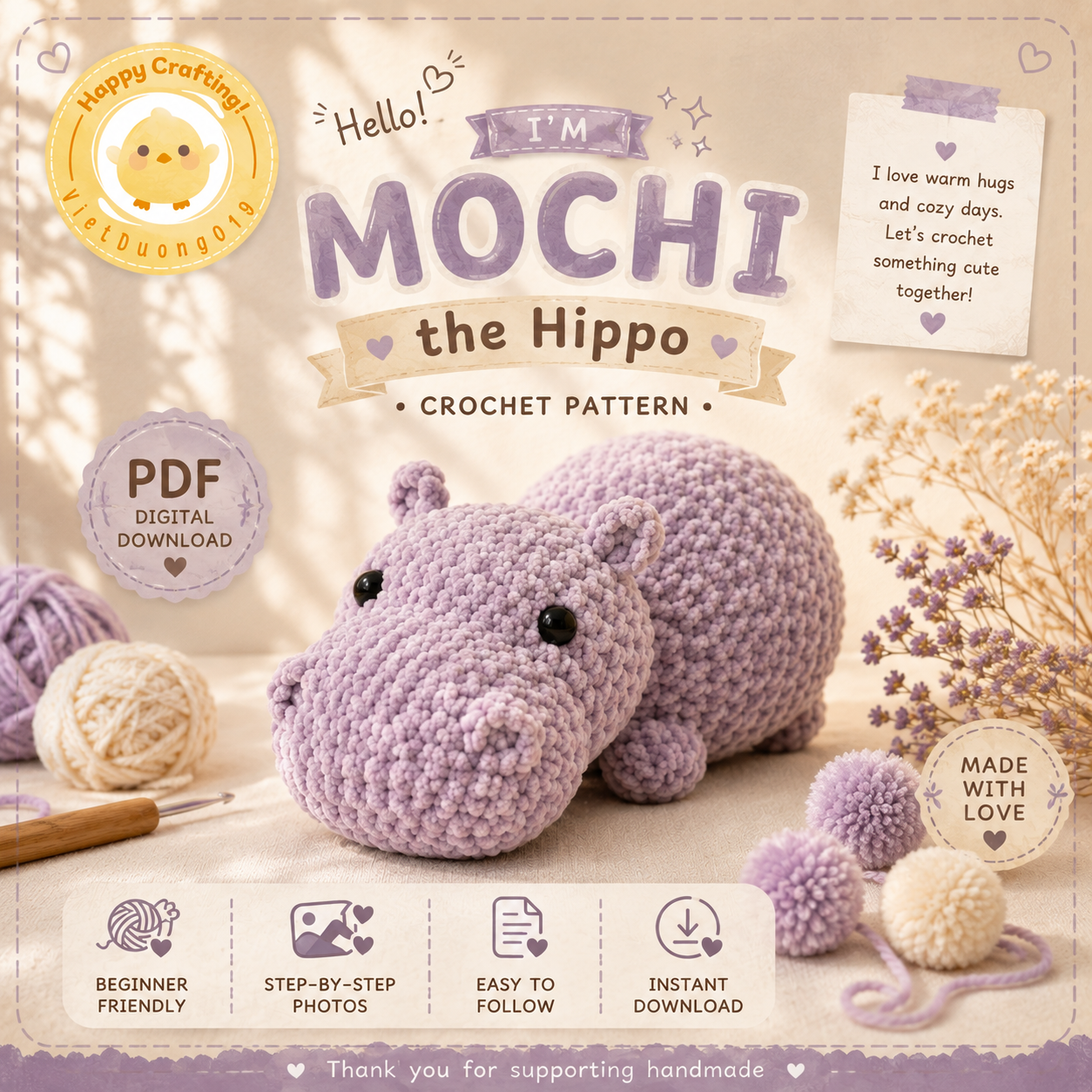 Happy the Hippo Crochet Pattern | No Sew Hippo Amigurumi Pattern | Cute Crochet Plushie PDF | Easy Amigurumi Animal Pattern